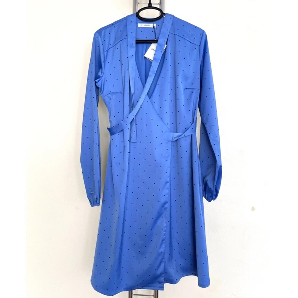 New $295 GESTUZ Ihara Polka Dot Wrap Dress Womens 36 8 M Glossy 80s V Neck Sexy - Picture 7 of 10
